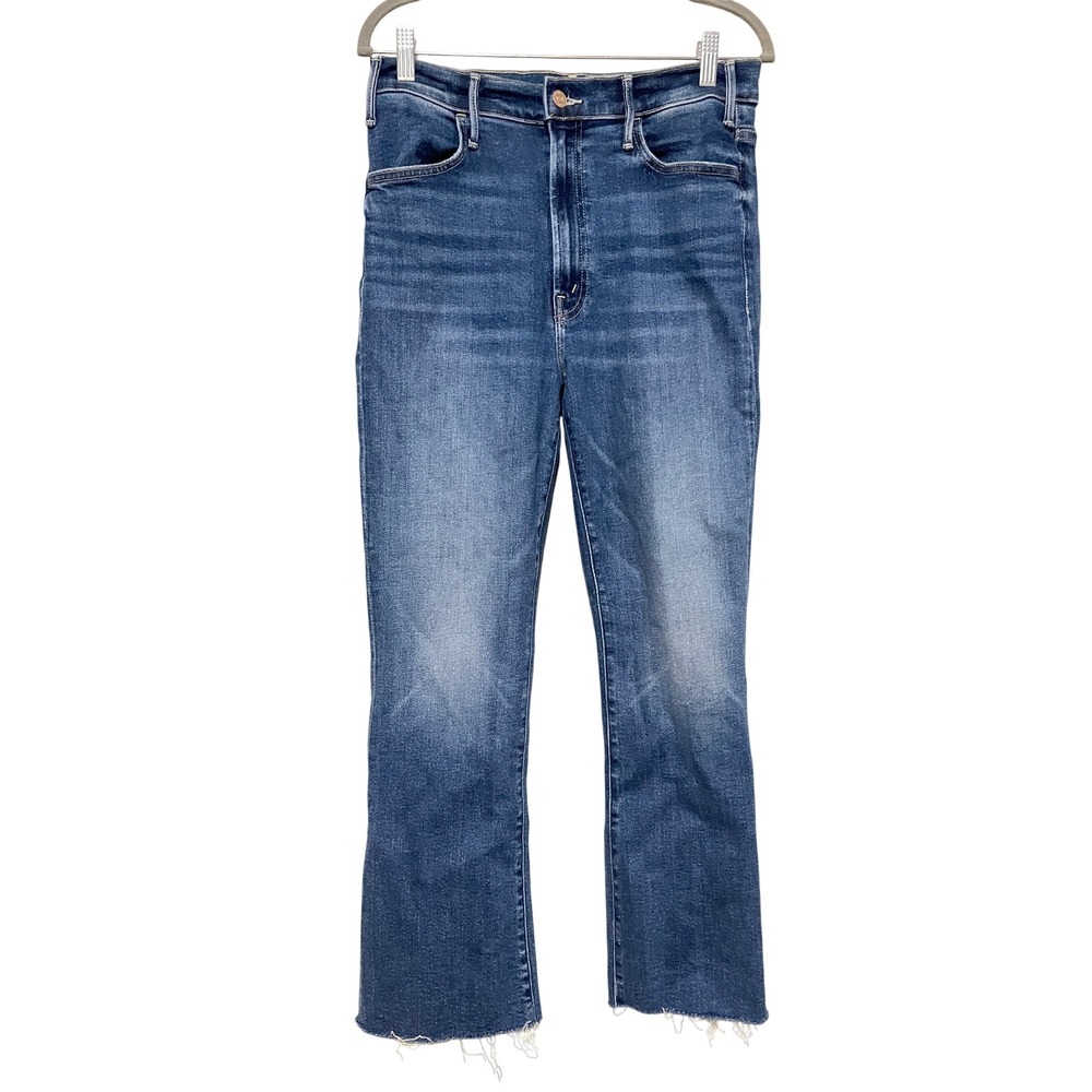 Mother Hustler Ankle Fray High Rise Medium Wash Jeans Raw Hem Size 30 Blue